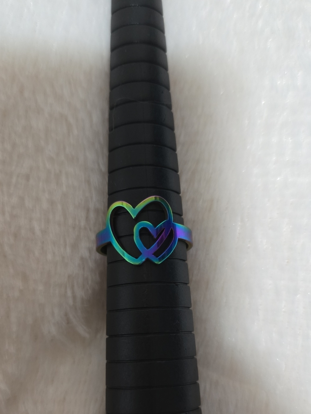 Iridescent Double Heart Ring in Rainbow Tones.Size 7.5.